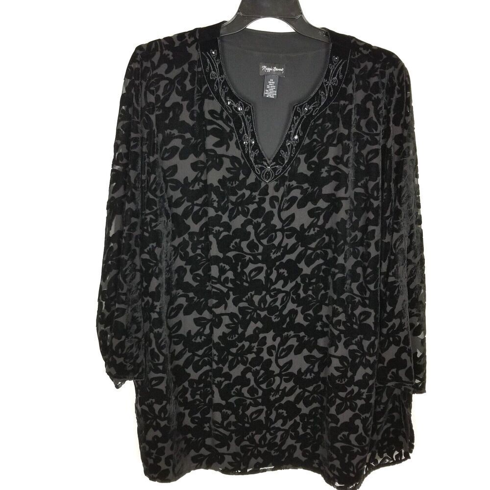 Maggie Barnes Women Plus‎ Burned Velour Blouse Top Sz 3X Black Event Party